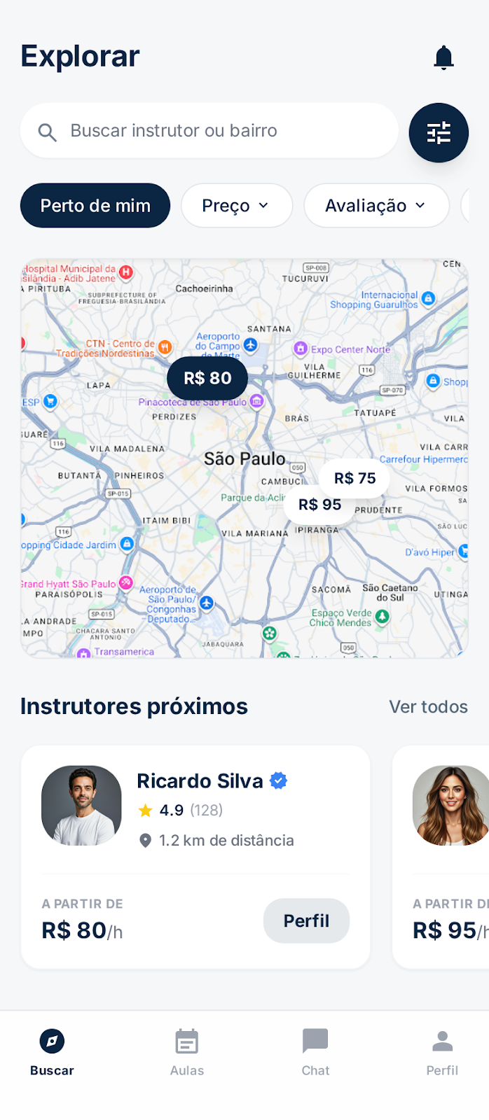 Tela do app Guinder mostrando mapa com instrutores disponíveis em São Paulo